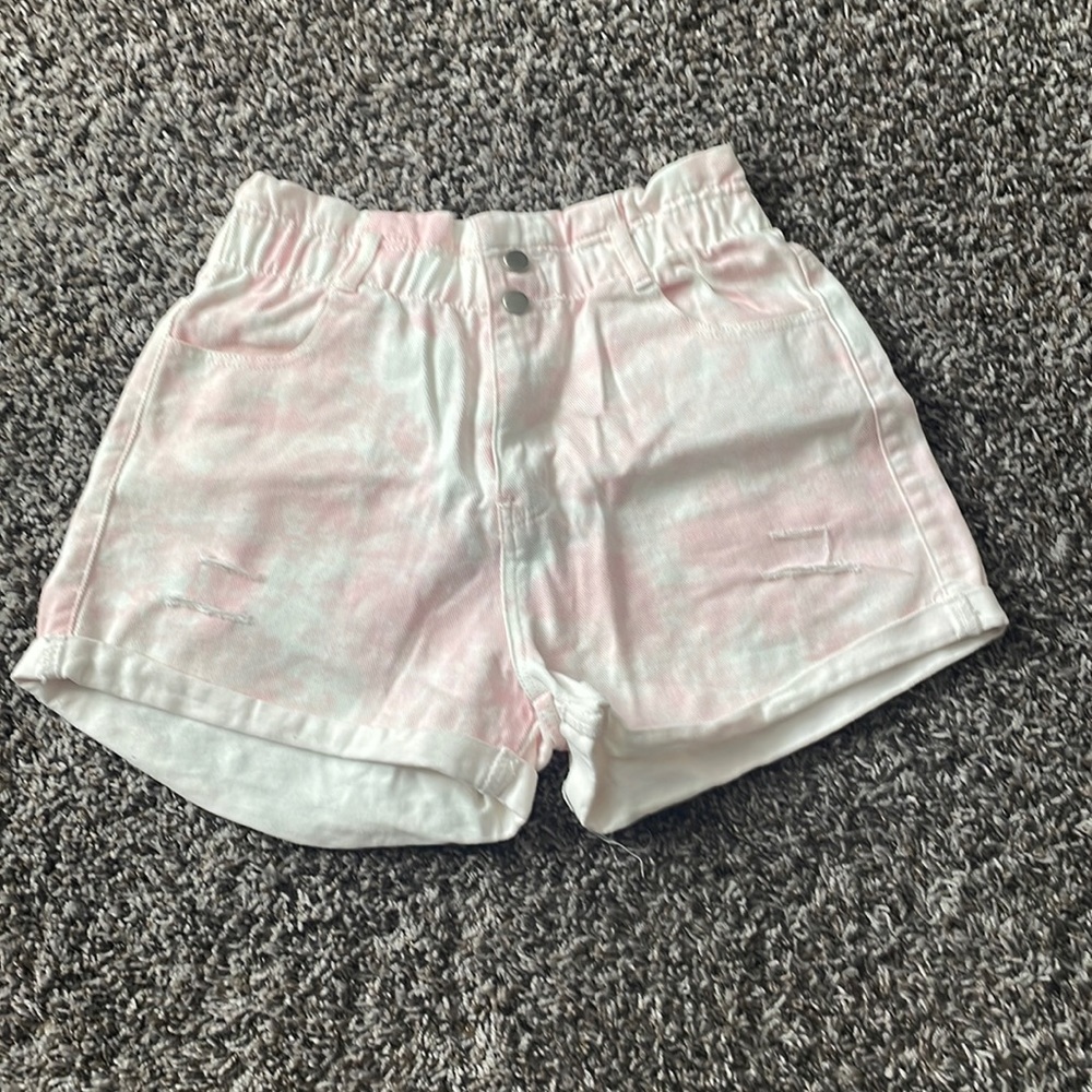 Aaron and Amber pink and white tie dye jean shorts